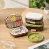 The transparent compartmented medicine box with golden fasteners contains multi-color tablets stacked beside the white and green sealed medicine box details Picture